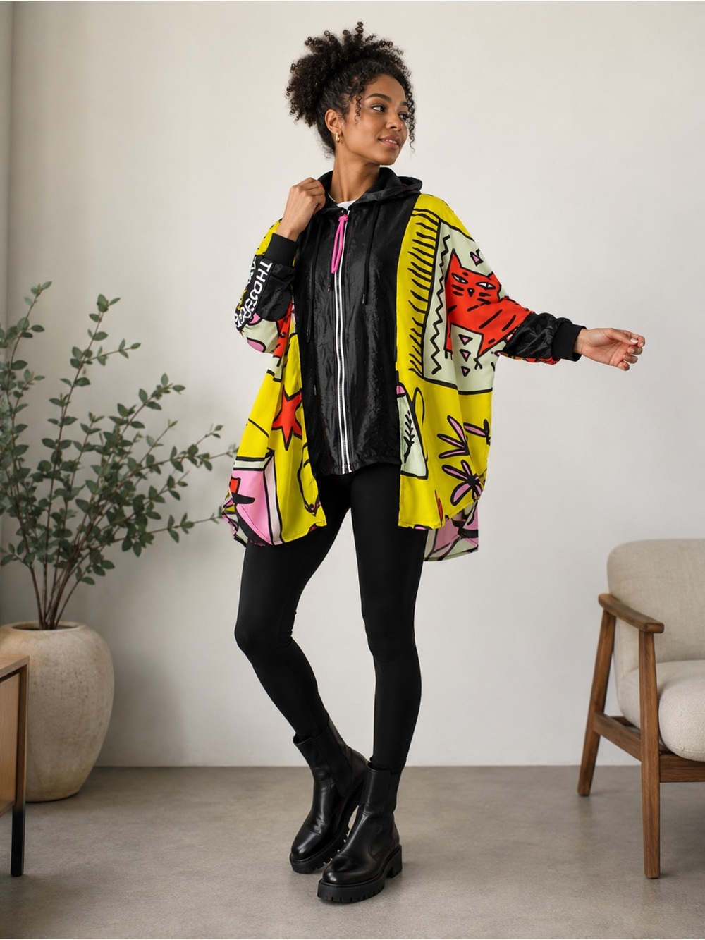 Graphic Print Yellow Hooded Bomber Jacket